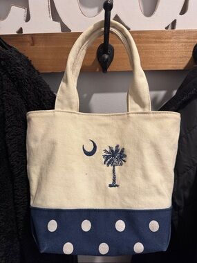 Canvas Palm Tree Polka Dot Tote Bag in Cream and Navy w/ BONUS